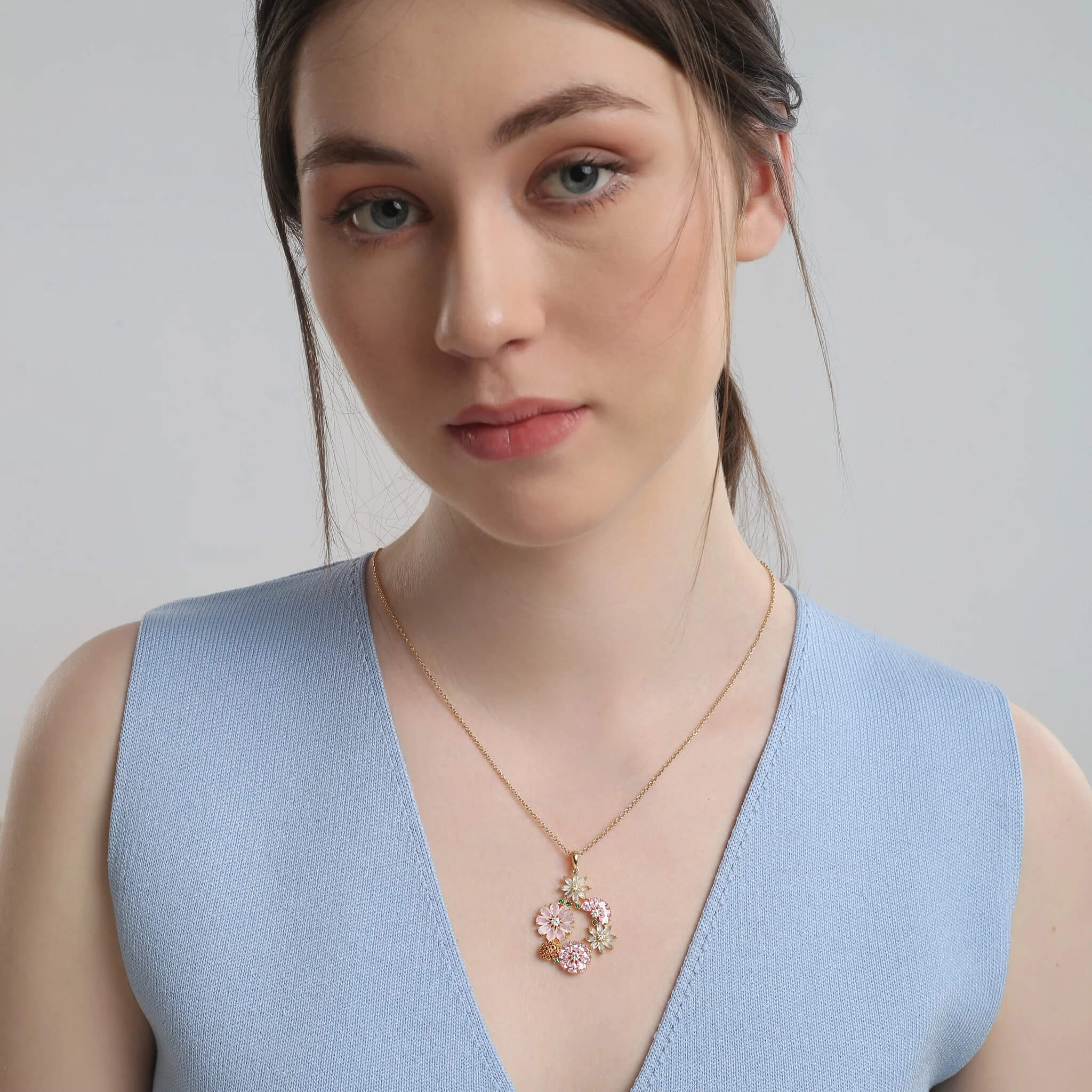 Newbridge, Gold Plated Pink & Green Floral Pendant