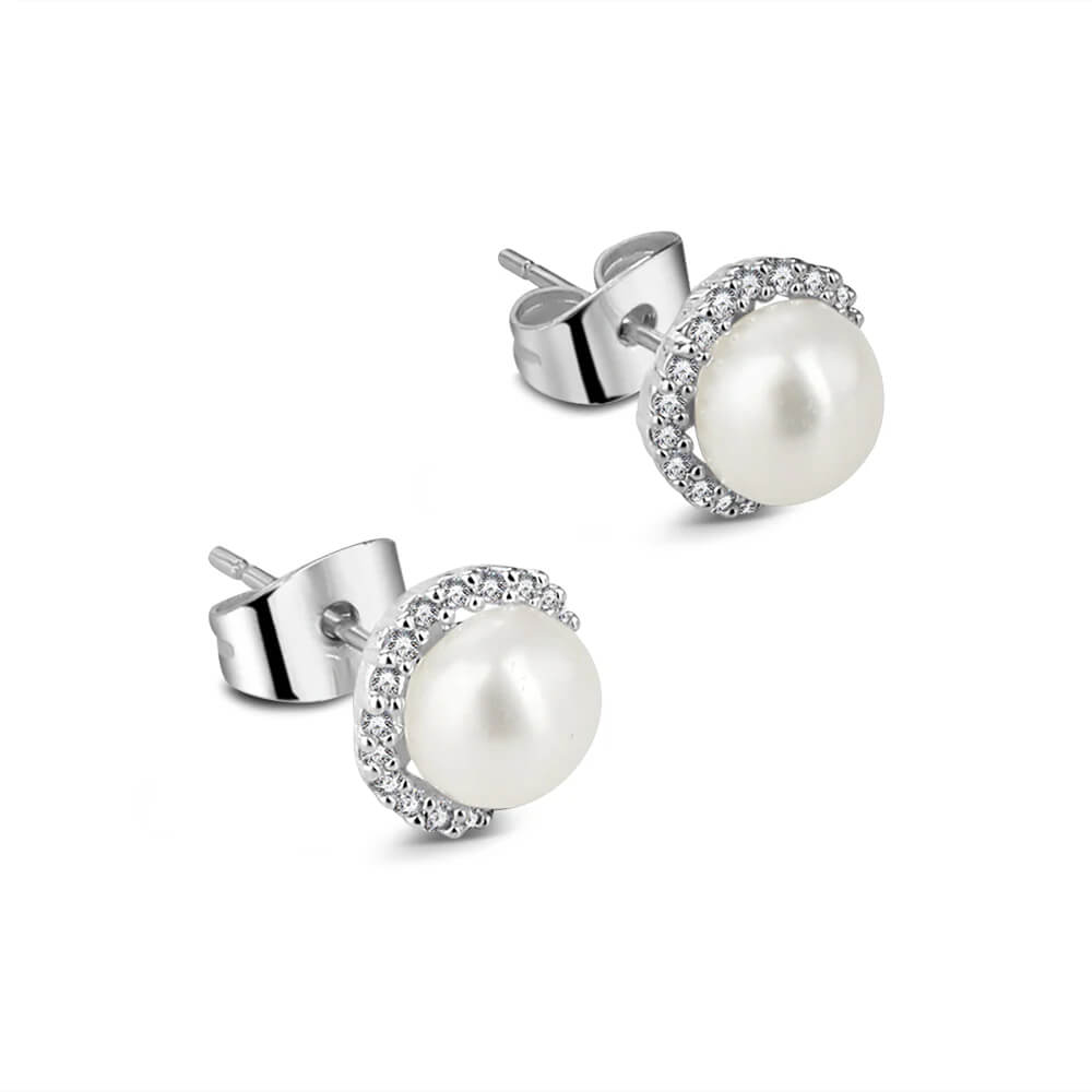 Newbridge, Silver Plated Pearl Earrings with Clear Stones