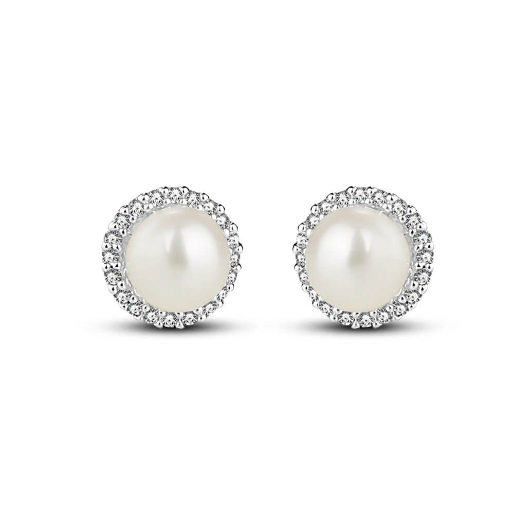 Newbridge, Silver Plated Pearl Earrings with Clear Stones