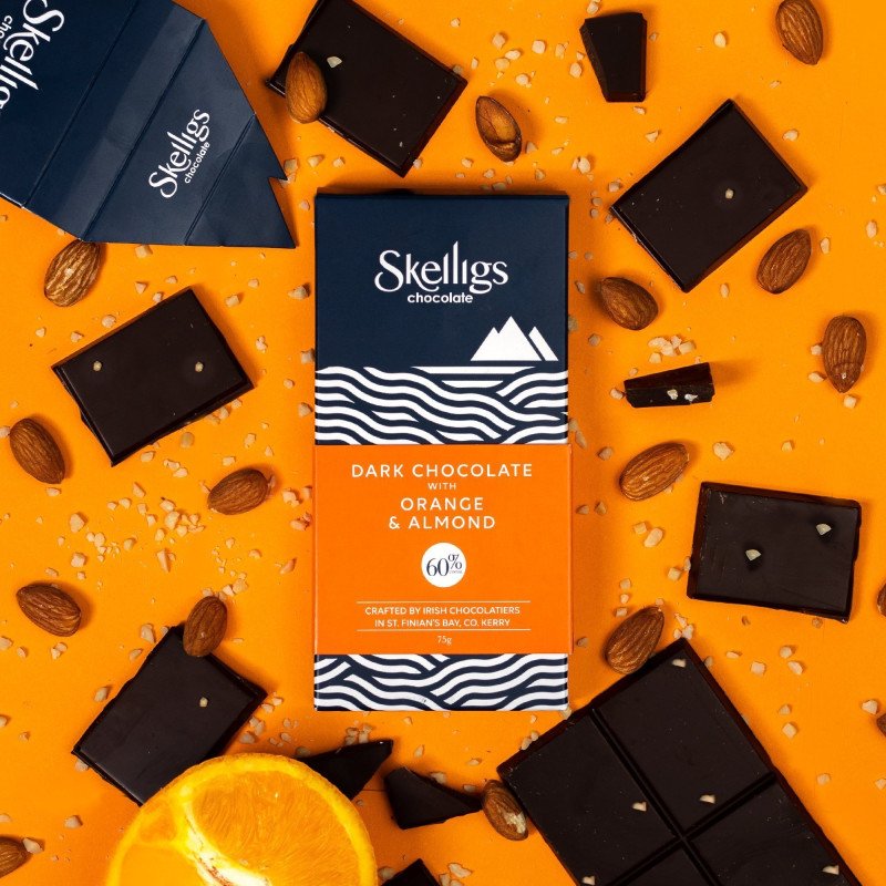 Skelligs, Orange & Almond Dark Chocolate Bar