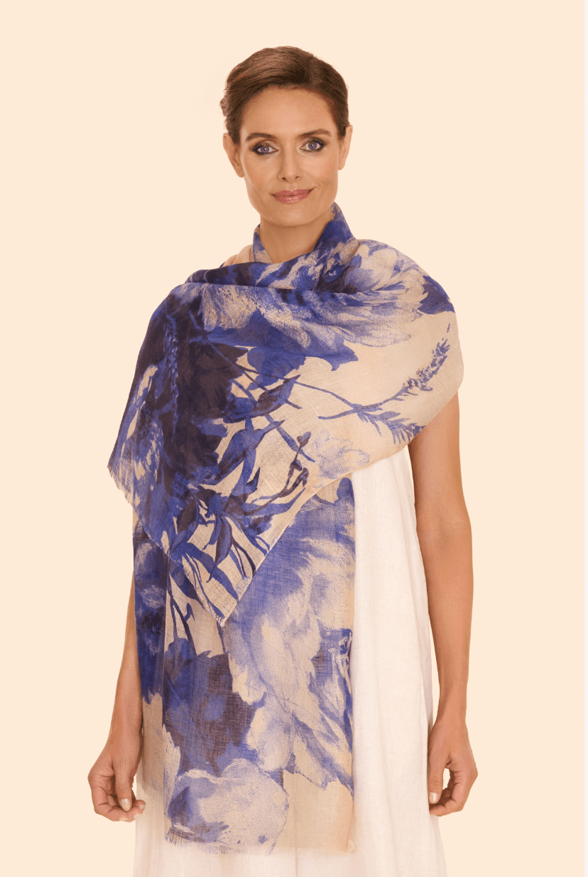 Powder, China Blue Blooms Linen /Cotton Mix Scarf