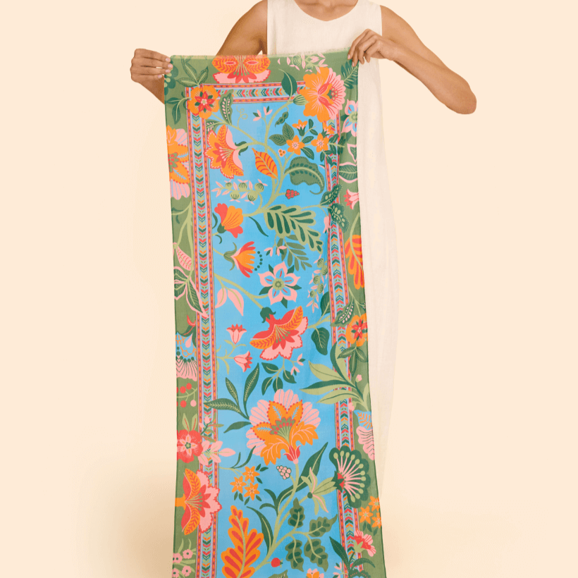 Powder, Folky Floral Cotton Scarf - Cornflower