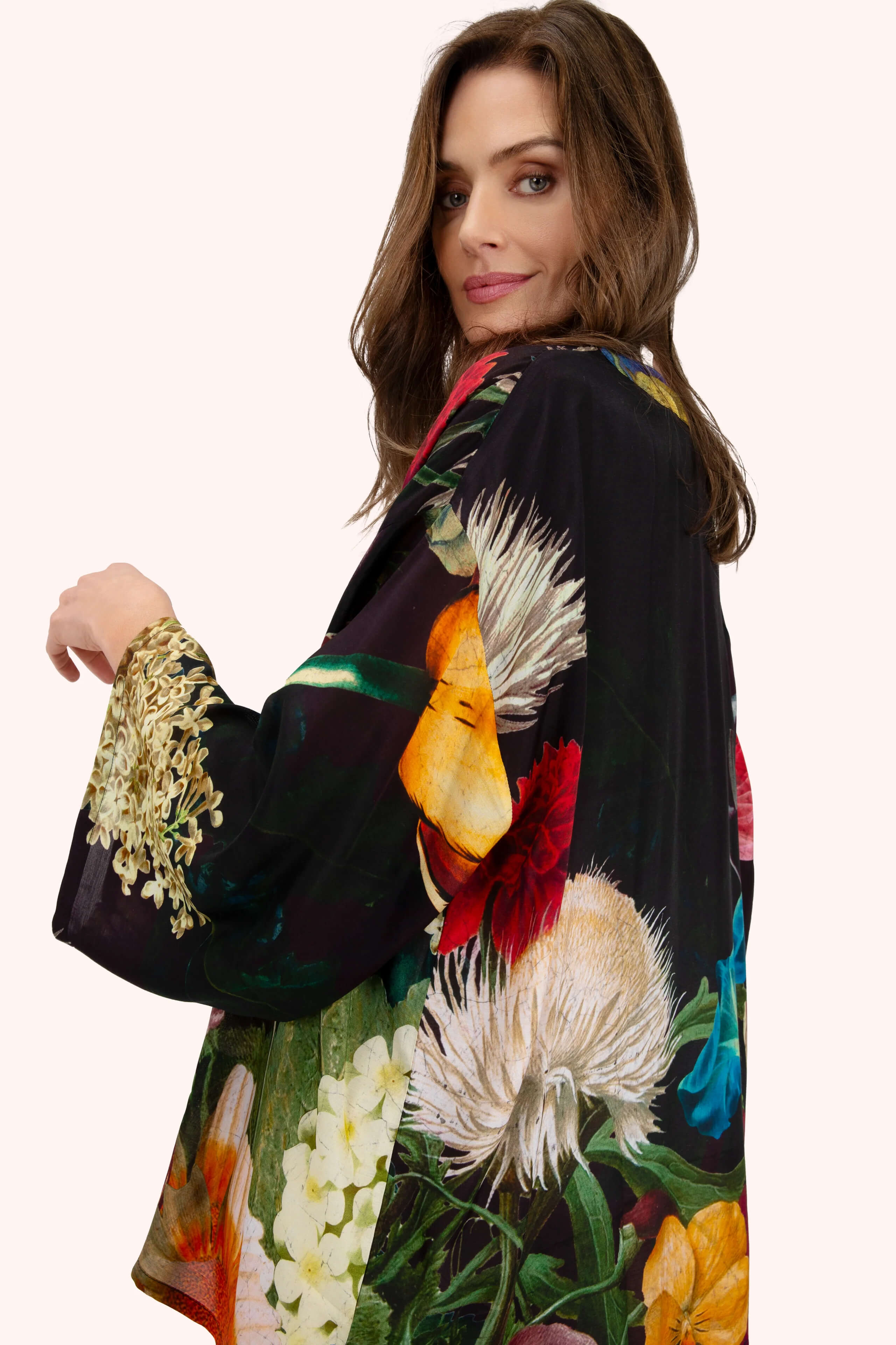 Powder, Opulant Florals Mid-length Kimono - Chocolate