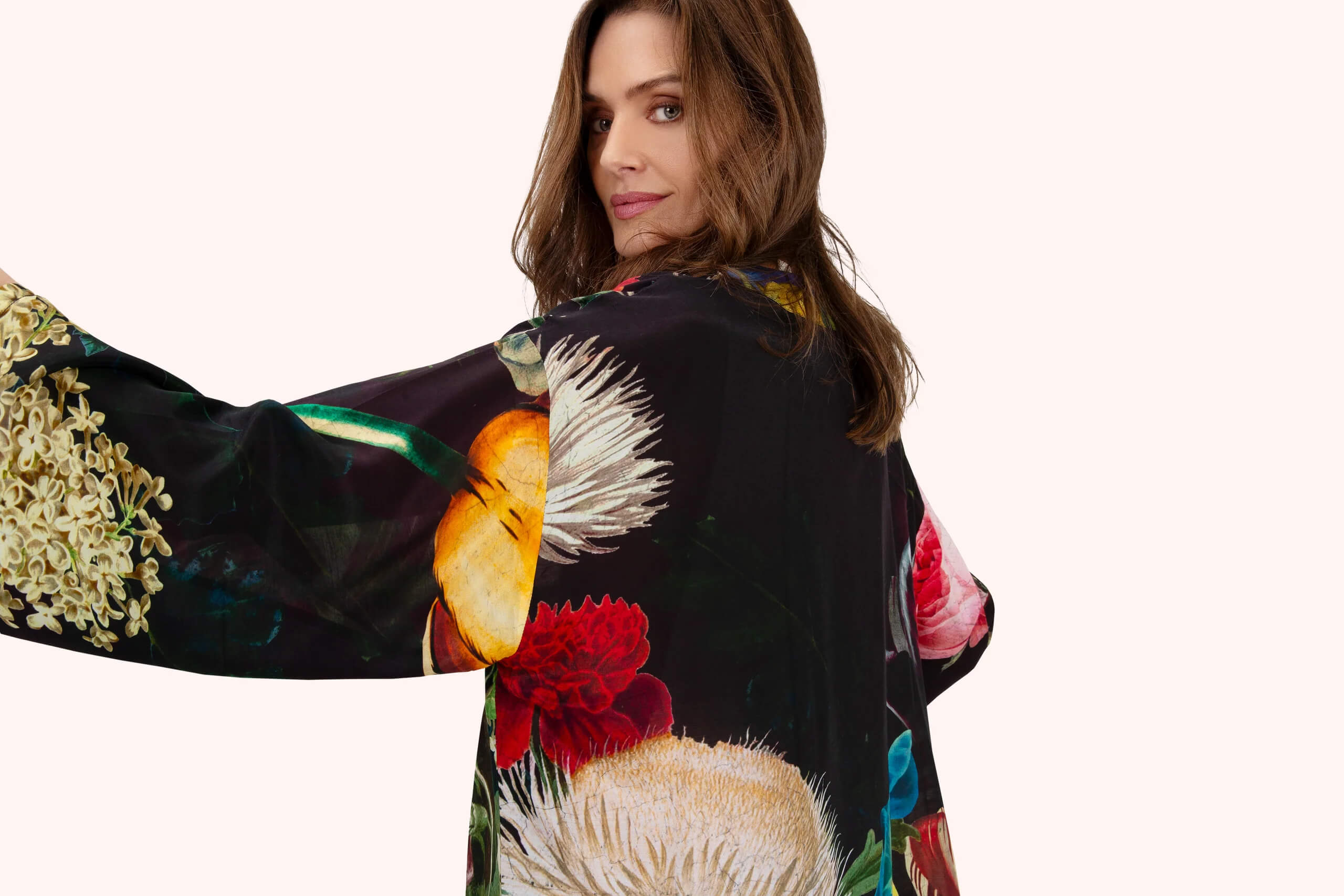 Powder, Opulant Florals Mid-length Kimono - Chocolate