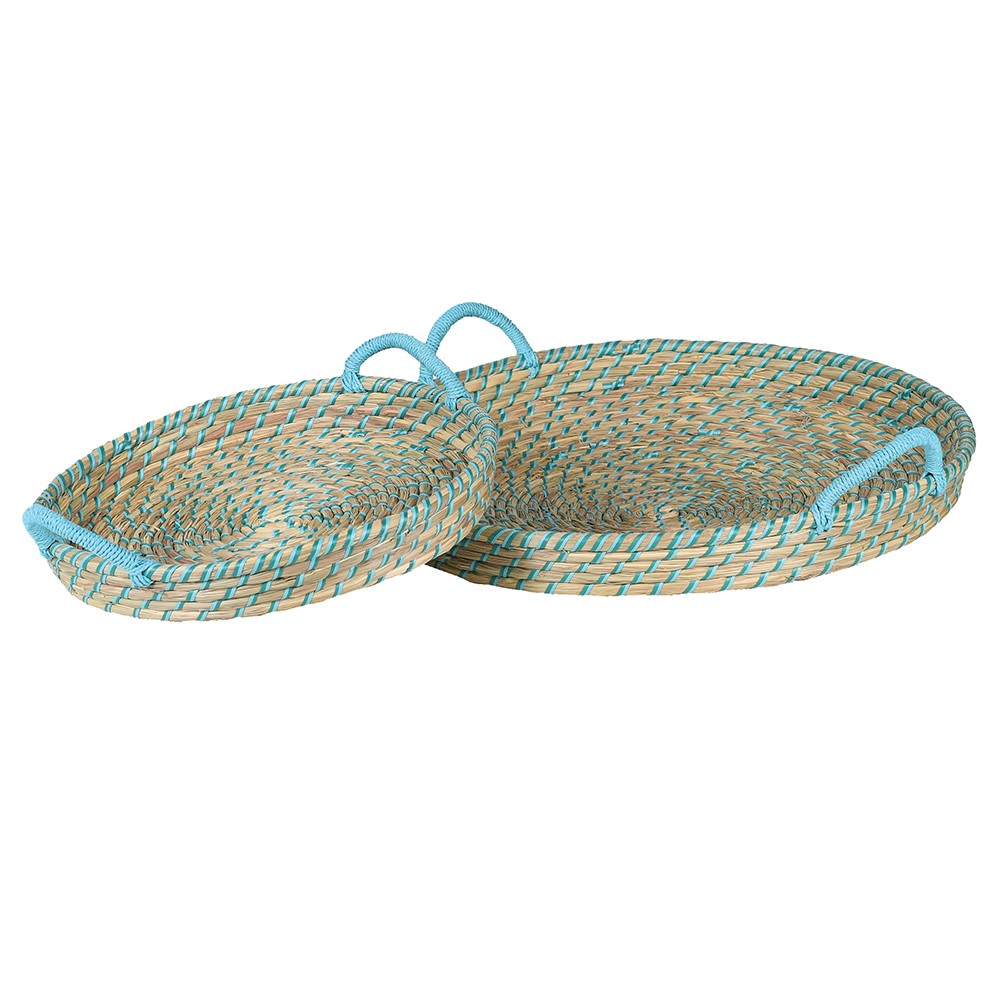 Set of 2 Blue Woven Seagrass Basket Trays with Handles