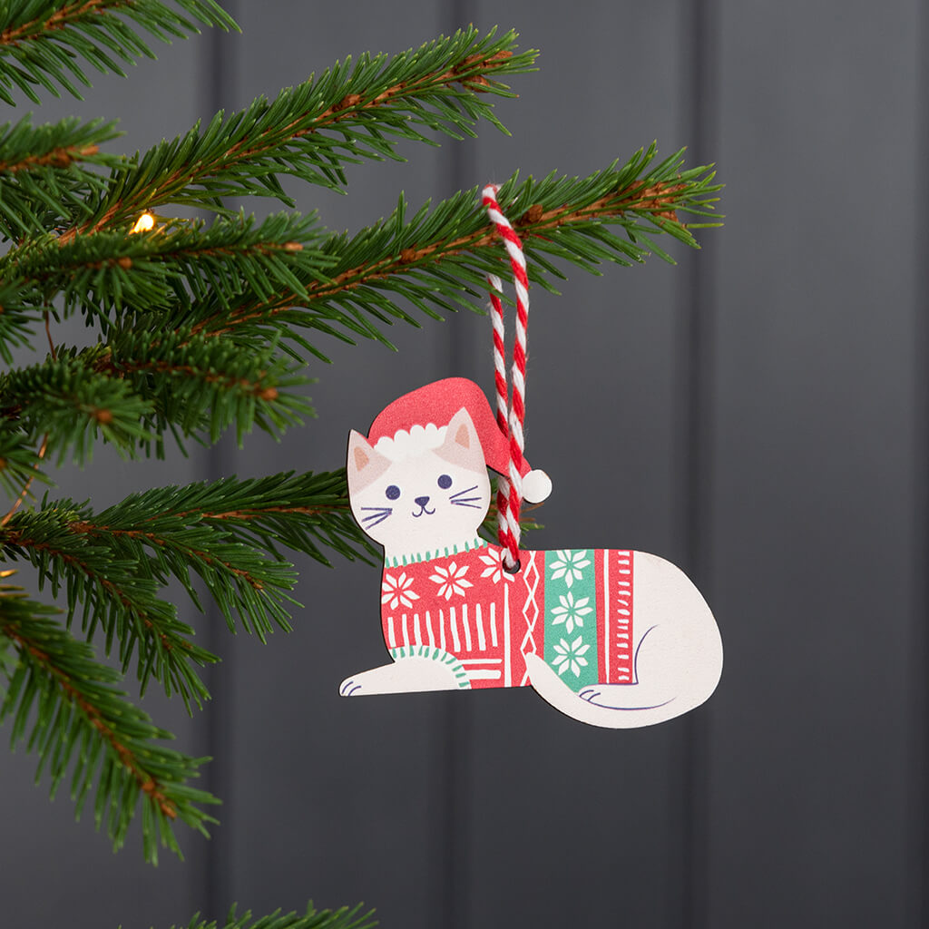 Wooden Hanging Christmas Decoration White Cat