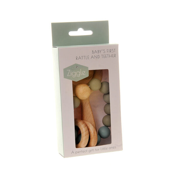 Ziggle, Wooden Teether And Rattle - Blue/Grey