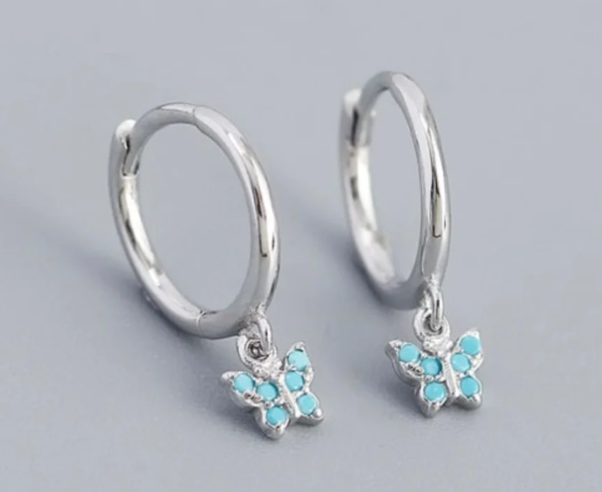 Silver Turquoise Butterfly Huggies